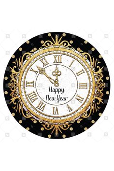 a black and gold clock with happy new year written on it's face in the center