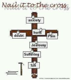 a cross with the words nailed to the cross on it and arrows pointing in different directions