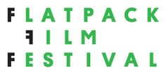 the words flatpack film festival are in green letters on a white background that says flatpack film festival