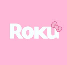 the word roku is written in white on a pink background with a hello kitty face