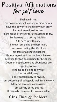 a poem written in black and white with the words positive affirmations for self love