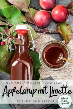 an apple cider next to apples and leaves with the words appelsip mit limette