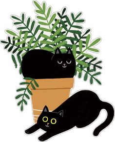 Printable Decor home, Black Cat Art Print, Black Cat Wall Artwork, Cat-themed Home Decor, Cats In Planters Illustration Print, House plants Illustration Cat, Black Cat Art, Cat Garden, Home Black, Cat Artwork, Cat Art Print, Seoul South Korea, Printable Decor