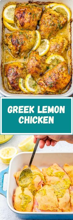 the recipe for greek lemon chicken in a casserole dish is shown with text overlay