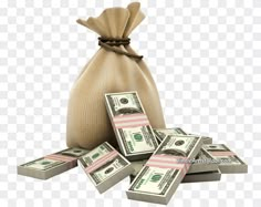 money in a bag and five stacks of dollars on the ground png, transparent background