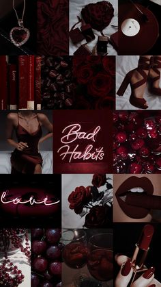 a collage of photos with red lipstick and roses