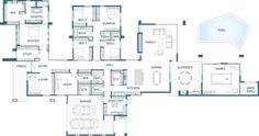 the floor plan of a four bedroom, two bathroom apartment with an outdoor swimming pool