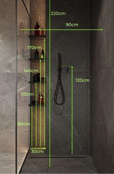 the measurements of a shower head and wall are shown in this bathroom with gray walls