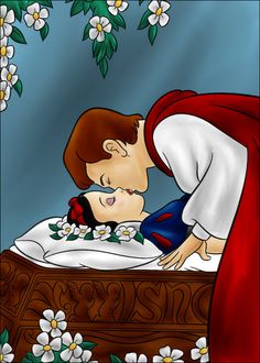 a painting of a man kissing a woman on the bed with flowers all around him