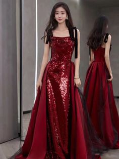 Spaghetti Strap Evening Dress, Red Party Dress, Sequin Red Tulle Dress For Red Carpet, Red Tulle Evening Dress For Party, Red Spaghetti Strap Evening Dress For Prom, Red Spaghetti Strap Dress For Prom, Christmas Evening Tulle Dress, Red Prom Dress With Spaghetti Straps, Red Spaghetti Strap Dress For Prom Season, Red Tulle Dress For Party Season, Red Christmas Party Gown