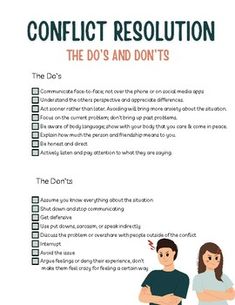 Some general do's and don'ts of conflict resolution. This handout is great for classroom discussion on conflict resolution: ask students if they agree or disagree on the "rules" ask them what they would add or remove from the list, give them an opportunity to discuss reach rule and why they agree, disagree, or neutral about it. Have them check off things they do well in conflict and areas they need to improve.  This handout can be used during classroom guidance, SEL time, or for start/end of day Conflict Resolution Activities For Teens, Conscious Partnership, Coaching Conversations, Alcoholic Relationships, Professional Language, Therapist Notes, Relationship Conflict Resolution, Conflict Resolution Worksheet