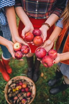 three people are holding apples in their hands