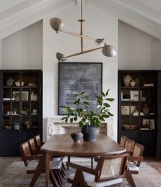 a dining room table with chairs and a potted plant