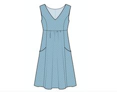 a women's blue dress with pockets on the front and side, in half - length