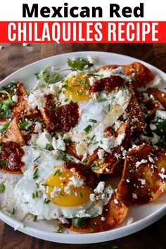 mexican red chilies recipe with eggs and cheese in a white bowl on a wooden table