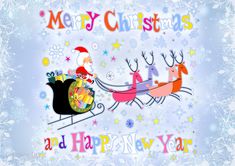 merry christmas and happy new year greeting card with santa riding in sleigh pulled by reindeers