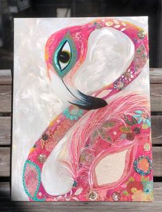 a painting of a pink flamingo sitting on top of a wooden bench