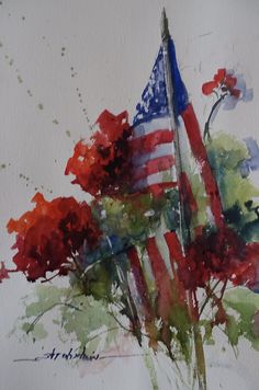 an american flag and some red flowers on a white background with watercolor paint splashes