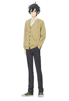 an anime character with black hair standing in front of a white background and wearing a tan cardigan