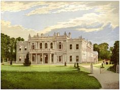 an old drawing of a large white house in the middle of a green field with trees