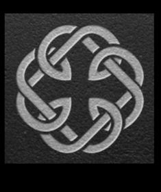 a white cross on black leather with an interlocked knot in the middle,