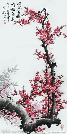 Chinese Traditional, Red Flowers, Flowers, Red, Pink, White, Art