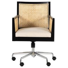 an office chair with wheels on the back and seat upholstered in wicker