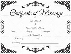 a certificate of marriage with ornate border and scroll design on the front, in black and white