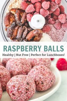 raspberry balls in a food processor with text overlay reading raspberry balls healthy nut free perfect for lunchboxes