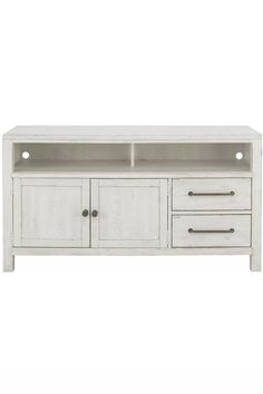 a white entertainment center with drawers and doors