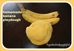 two ripe bananas sitting next to each other on top of a wooden table with the words homemade banana playdough