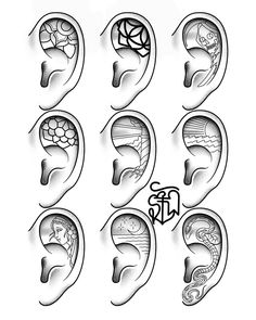 ear tattoo designs for men and women with the symbols of different body parts on them