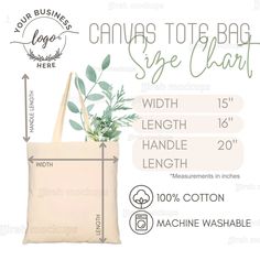 the canvas tote bag size chart is shown with measurements for each item in front