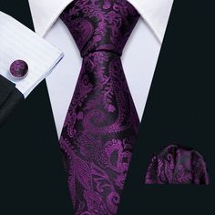 What You Get: Tie, Pocket Square & Cufflinks SIZE: Approx. 59" Long, 3.35" Wide at the Tip, Pocket Square Size: 9"x 9"  Occasion: Perfect for Daily Dress, Business, Office, Meeting, Birthday, Wedding,Engagement, Ball Party and More Occasion. Villain Clothing, Purple Tuxedo, Mens Wedding Ties, Plaid Wedding, Wedding Tux, Necktie Set, Prom Accessories, Wedding Tie, Mens Silk Ties