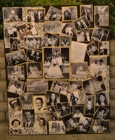 an old photo collage is displayed on the sidewalk in front of some bushes and trees