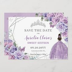 save the date card with purple roses and princess dress on it, in front of a marble