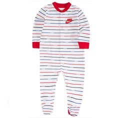 Brand New With Tag Nike Adorable Footed Pajamas Love The Colors White Background, Red And Blue Stripes Size Newborn *Bundle And Save *Check Out My Closet For More Nice Stuff Nike Cotton Onesie For Loungewear, Red Cotton Long Sleeve Onesie, Red Long Sleeve Cotton Onesie, Playful Red Onesie For Bedtime, Playful Red Bedtime Onesie, Playful White Onesie For Pajama Party, Casual White Onesie For Pajama Party, Red Long Sleeve Onesie For Playwear, Red Long Sleeve Onesie For Play