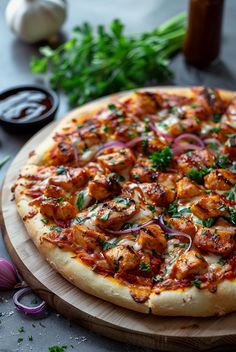 a pizza sitting on top of a wooden cutting board next to onions and other ingredients