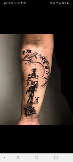 a man's leg with a clock on it and some words in the middle