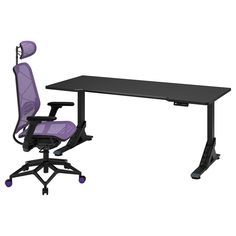 a computer desk with a purple chair next to it and a black table on wheels