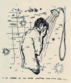 a drawing of a man holding a shower head