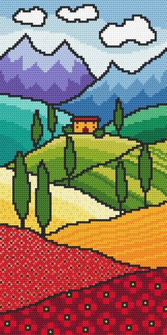 a cross stitch landscape with mountains and trees