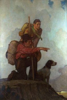 a painting of two men on top of a hill with a dog looking at them