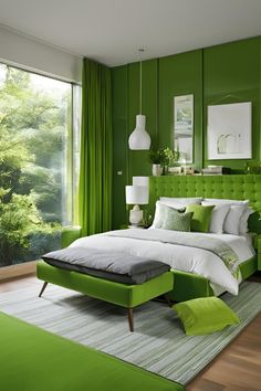 a bedroom with green walls and white bedding