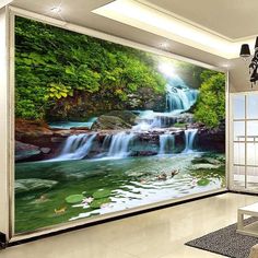 a room with a waterfall and ducks in the water