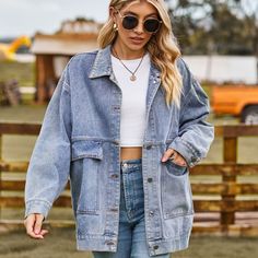 2023 Autumn New Women's Long Sleeve Denim Jacket Fashion Loose Versatile Mid-Length Jeans Coat Jeans Coat, Denim Jacket Fashion, Long Sleeve Denim Jacket, Jacket Fashion, 2023 Autumn, Solid Clothes, Casual Coat, Casual Clothing, Outerwear Coats