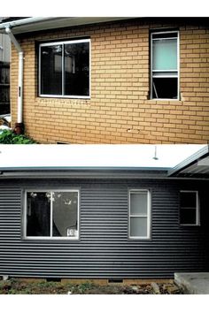 before and after photos of a house being remodeled with new windows, siding, and gutter