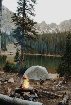 a tent is set up next to a campfire