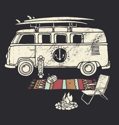 an image of a vw van with surfboards on top and campfire in the foreground