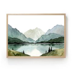 a watercolor painting with mountains in the background